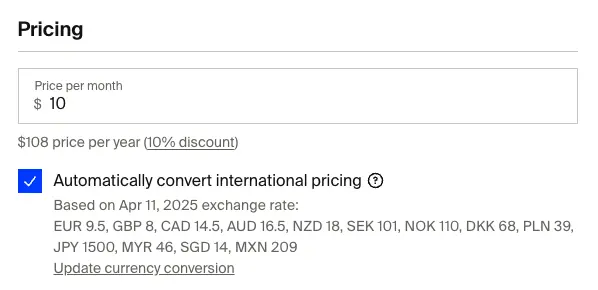 Membership tier pricing with automatic international pricing conversion and exchange rates