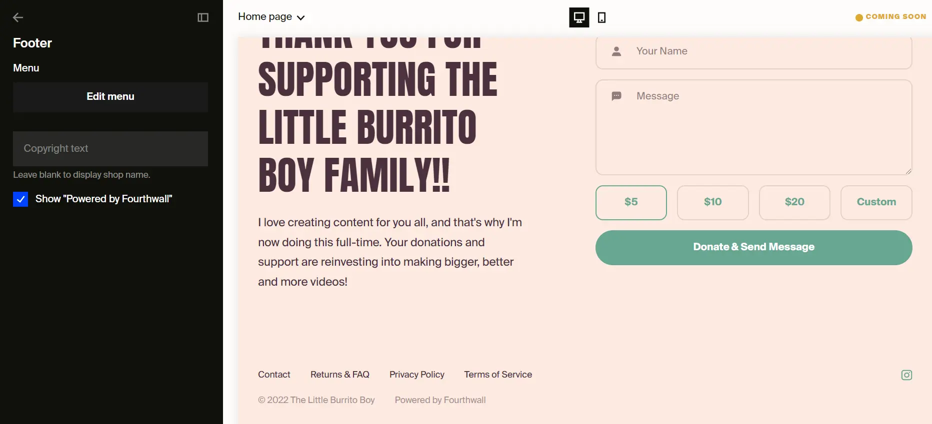 Footer settings panel with Edit menu, copyright text field, and Powered by Fourthwall toggle