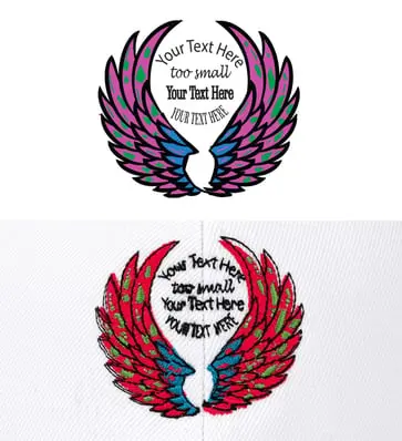 Side-by-side comparison of a winged text design as original artwork and as embroidered result on a white hat