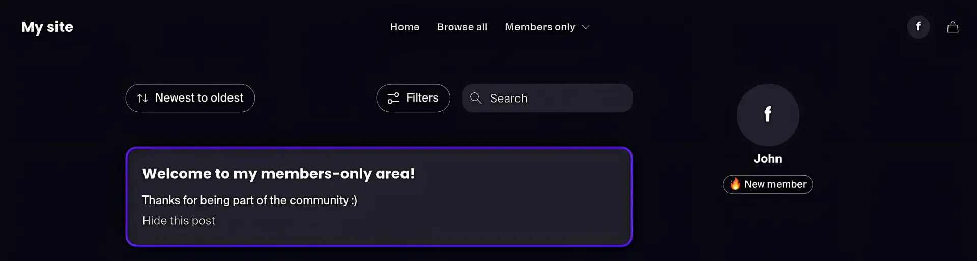 Members feed showing a welcome post at the top of the page for new members