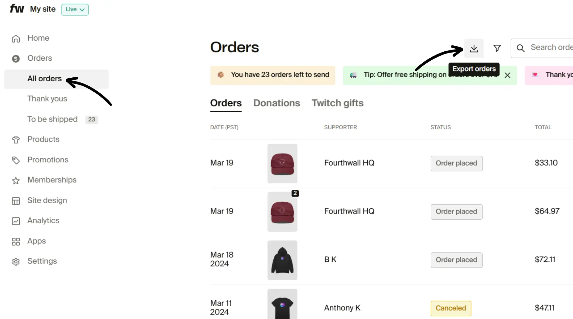 Fourthwall dashboard Orders page with arrows pointing to All orders and Export orders button