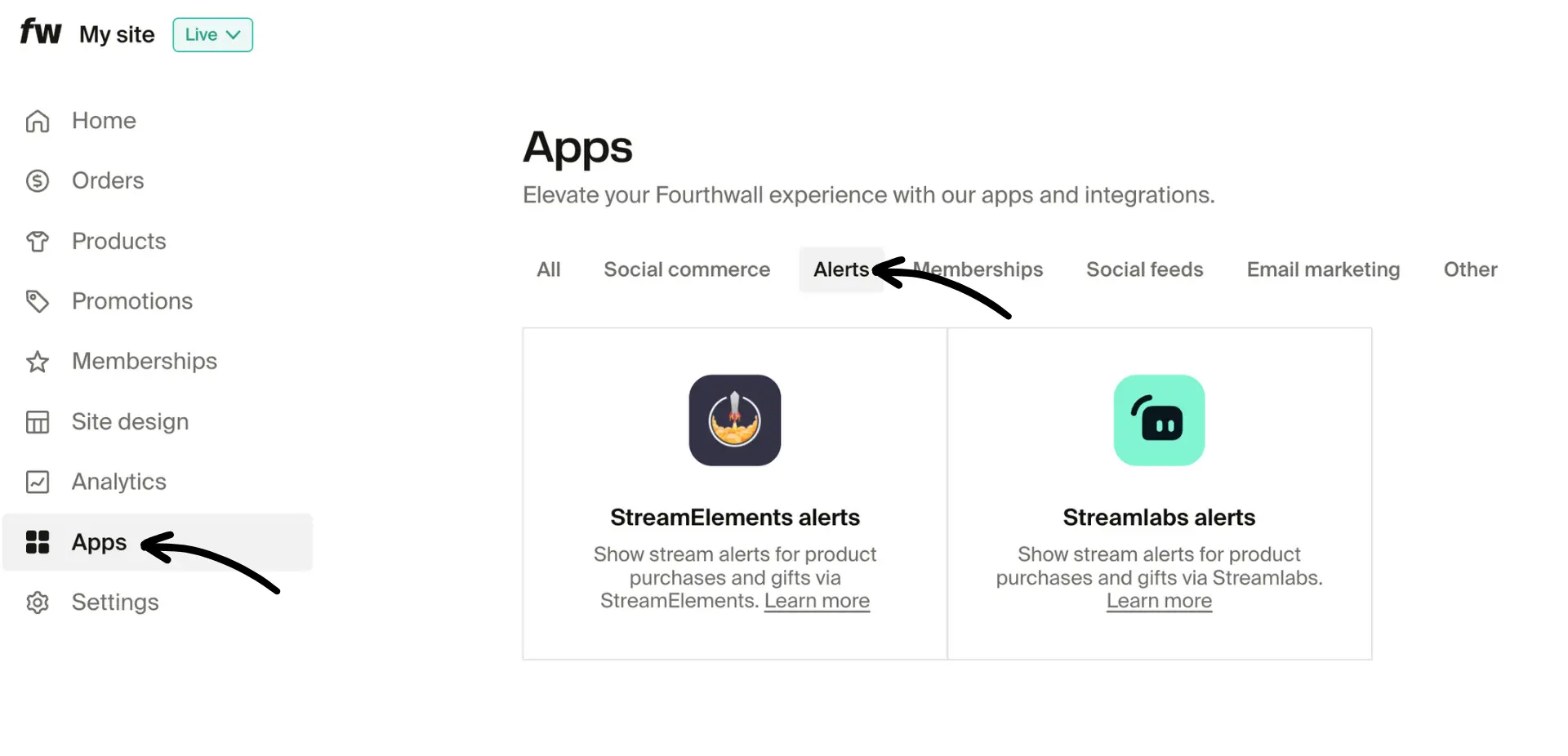 Fourthwall Apps page with Alerts tab selected showing StreamElements and Streamlabs alert cards