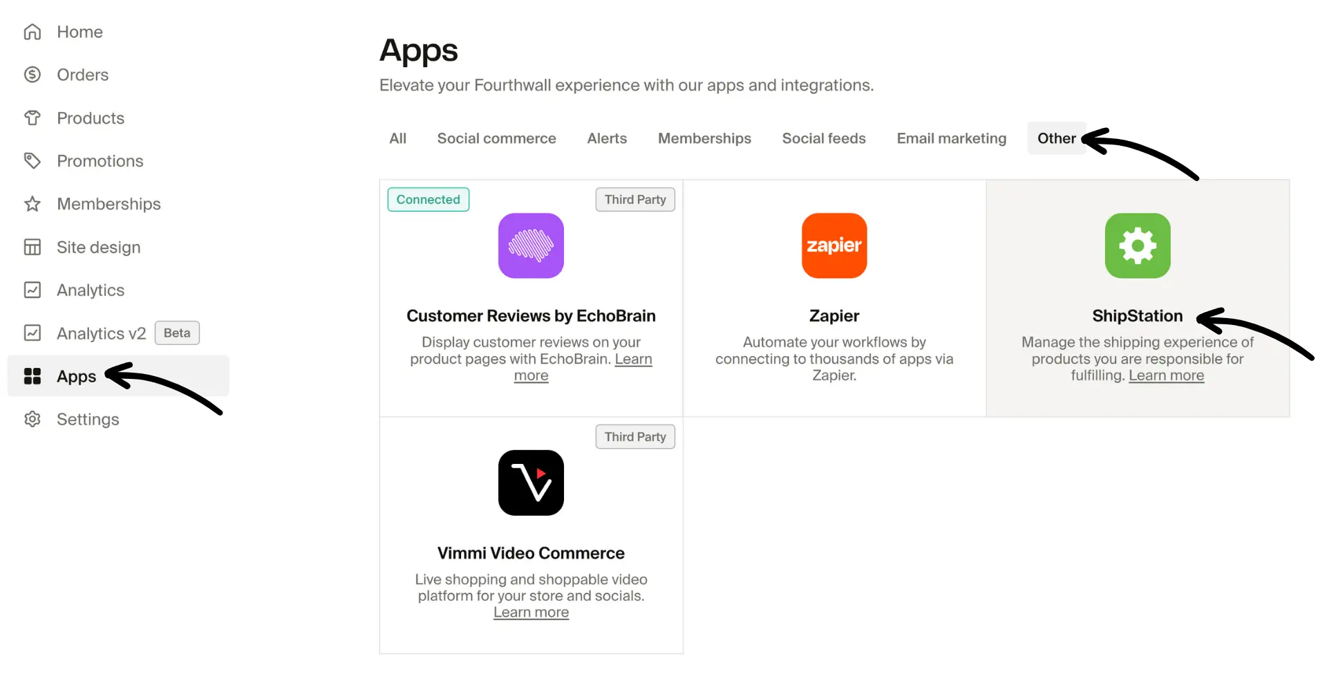 Fourthwall Apps page filtered to Other category showing ShipStation integration card