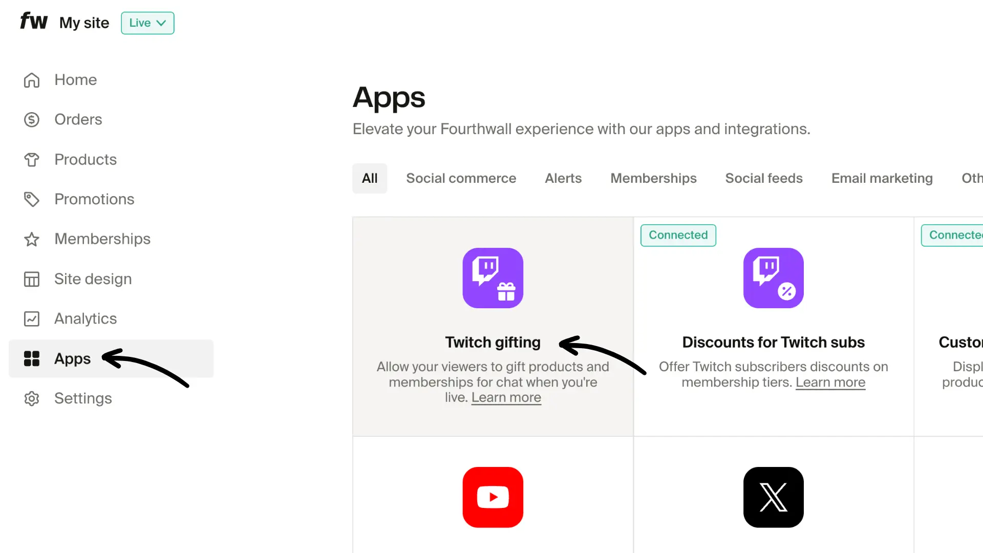 Fourthwall Apps page showing Twitch gifting card with arrows pointing to Apps menu and the card