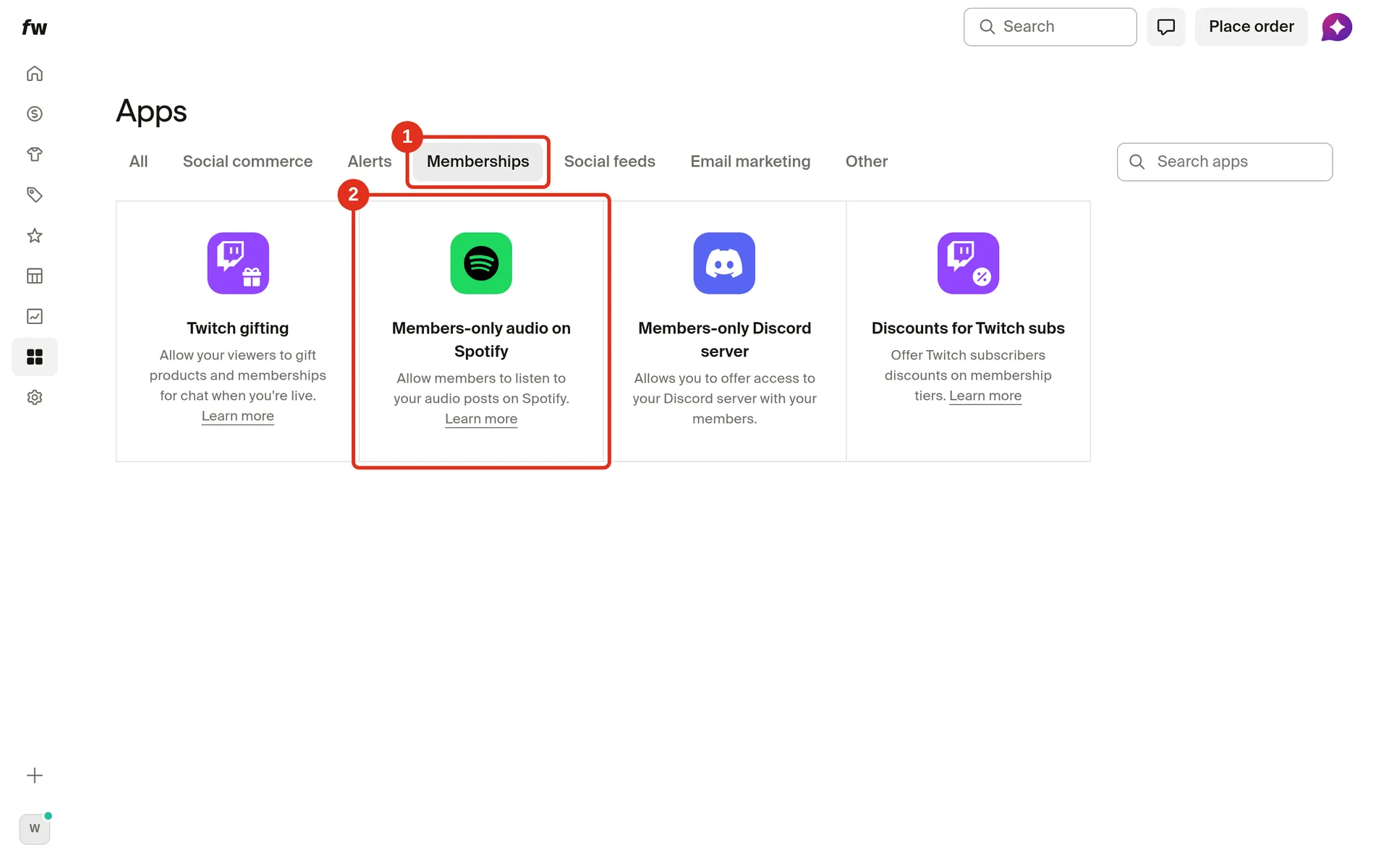 Apps page with the Memberships tab (1) and the Members-only audio on Spotify card (2) highlighted