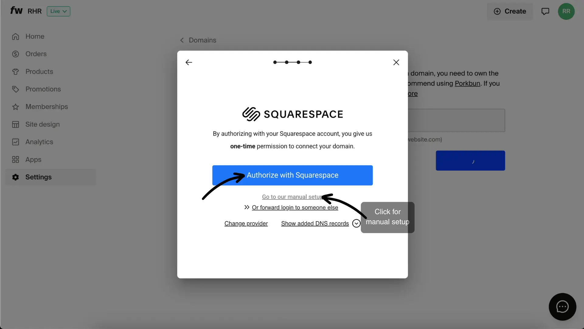 Entri Squarespace authorization dialog with Authorize button and manual setup link