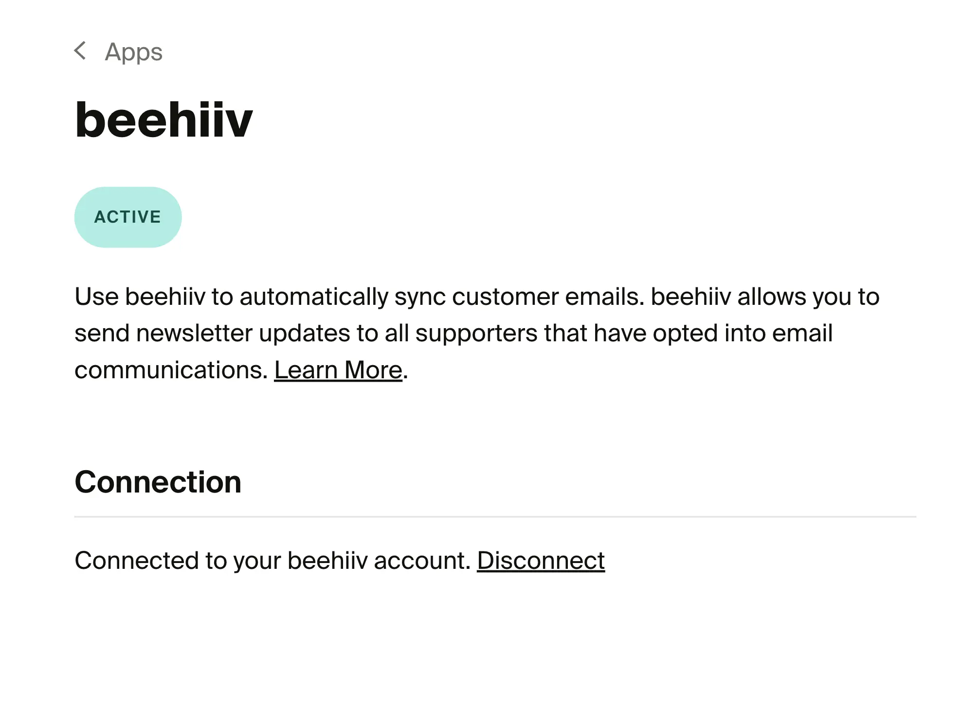 beehiiv app connection page showing a successful connected state with a Disconnect button