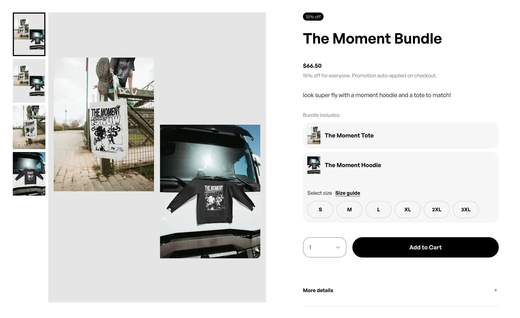 Bundle product page showing The Moment Bundle with included tote and hoodie, size selector, and Add to Cart button