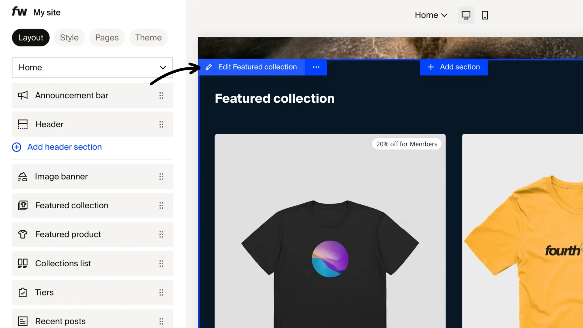 Site designer Layout panel with arrow pointing to Edit Featured collection button