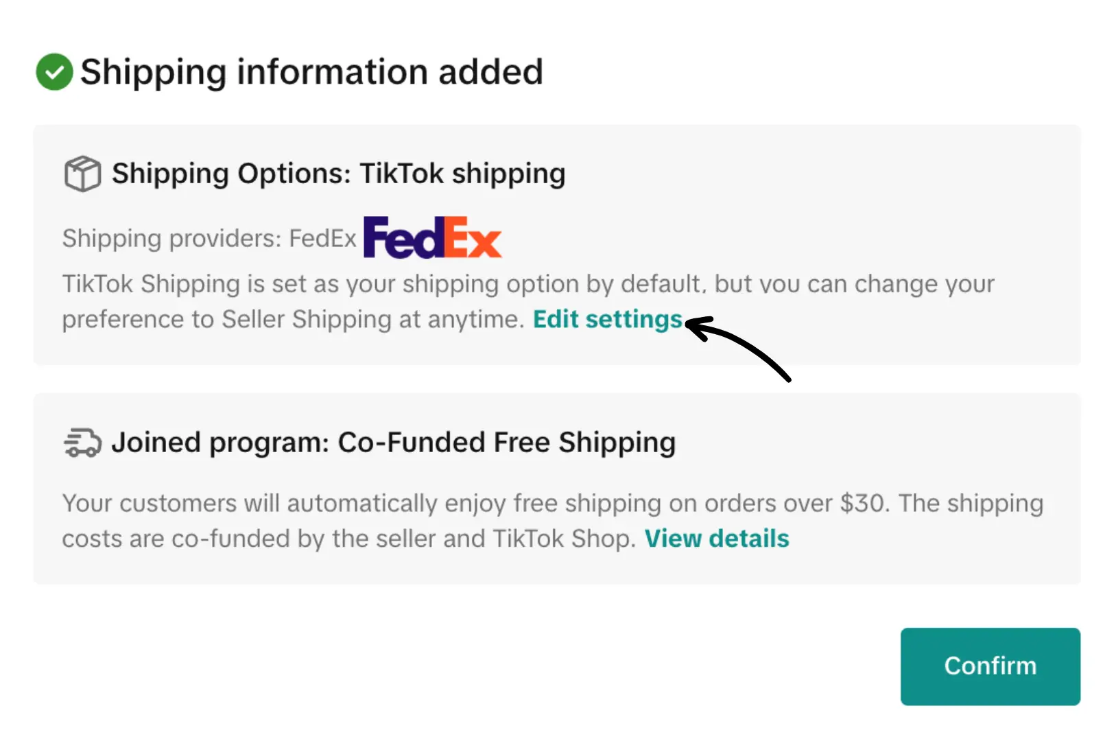 Shipping information added confirmation with TikTok shipping options and Edit settings link