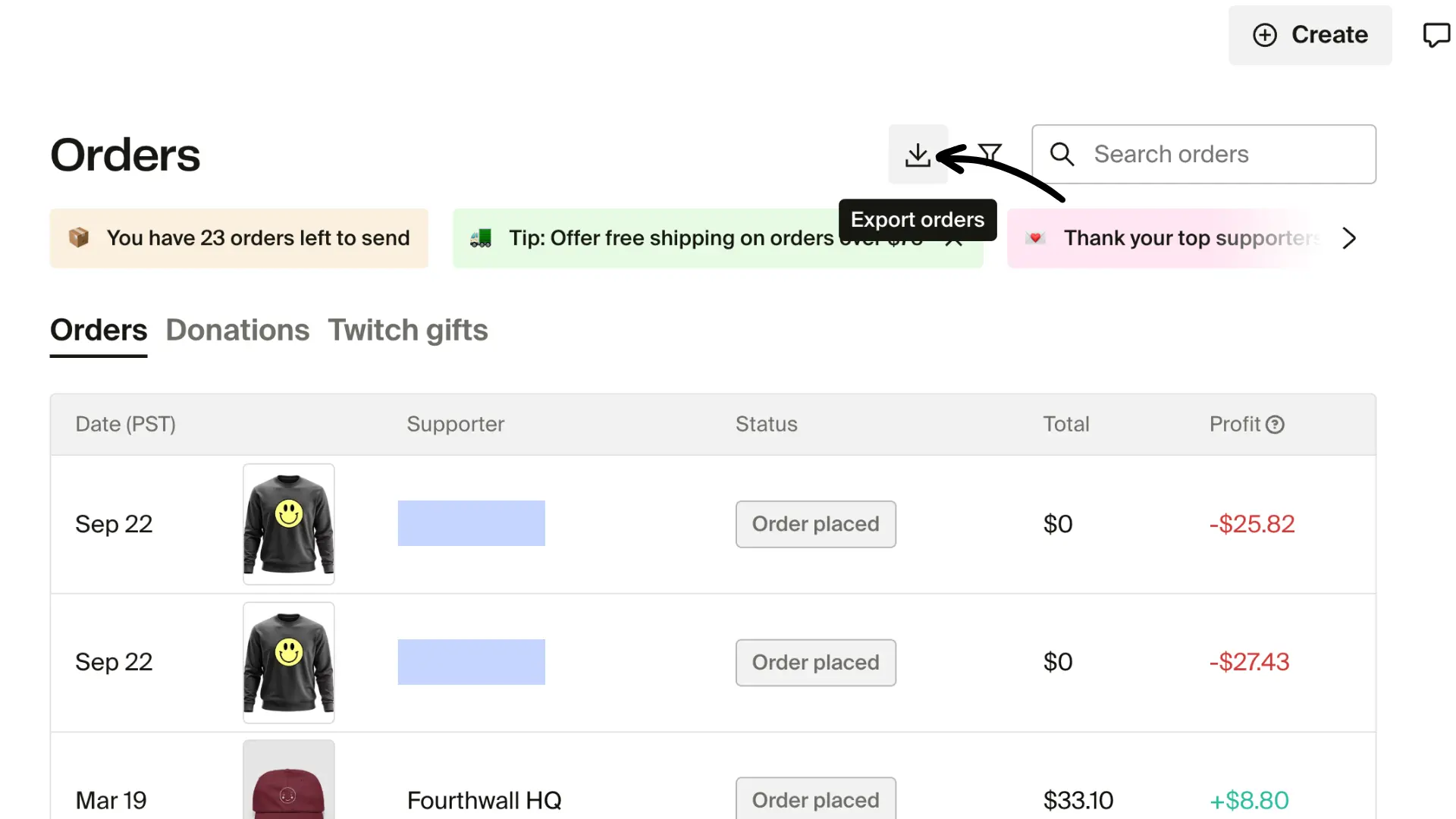 Orders page with arrow pointing to the Export orders download button