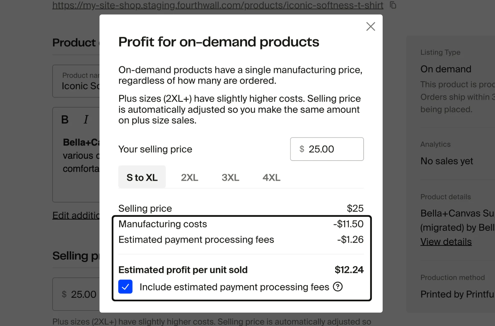 Profit breakdown popup showing selling price, manufacturing costs, estimated payment processing fees, and profit per unit