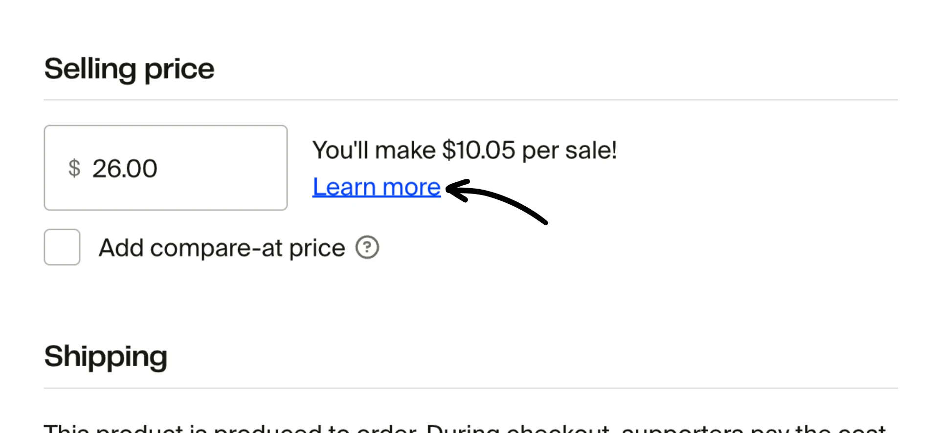 Selling price section showing price field set to $26.00 with profit estimate and Learn more link