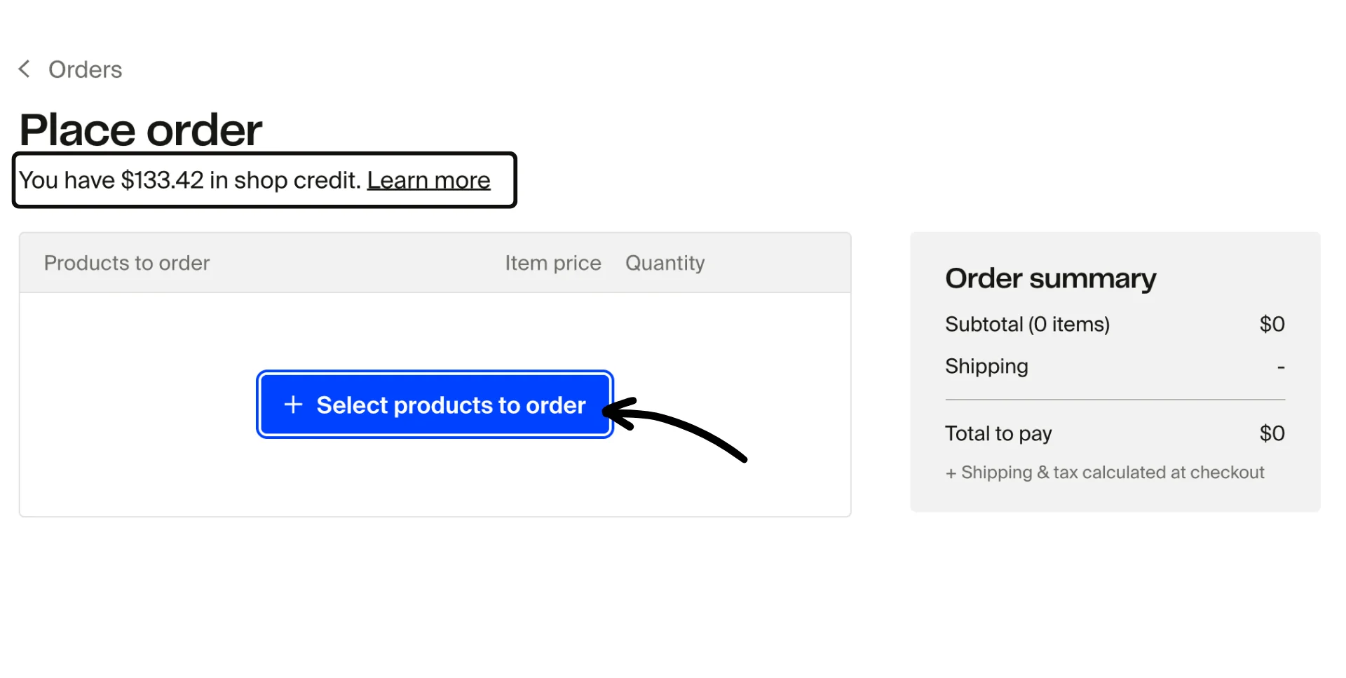 Click Select products to order