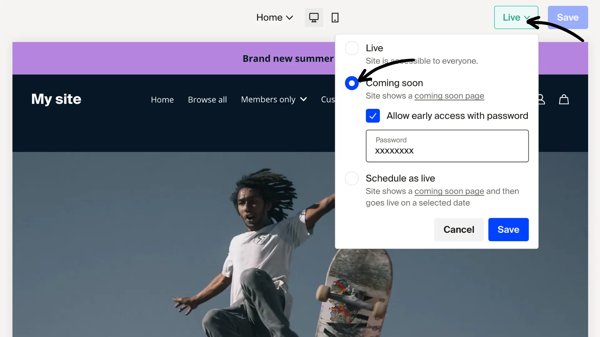 Site status dropdown with Coming soon selected and password protection enabled