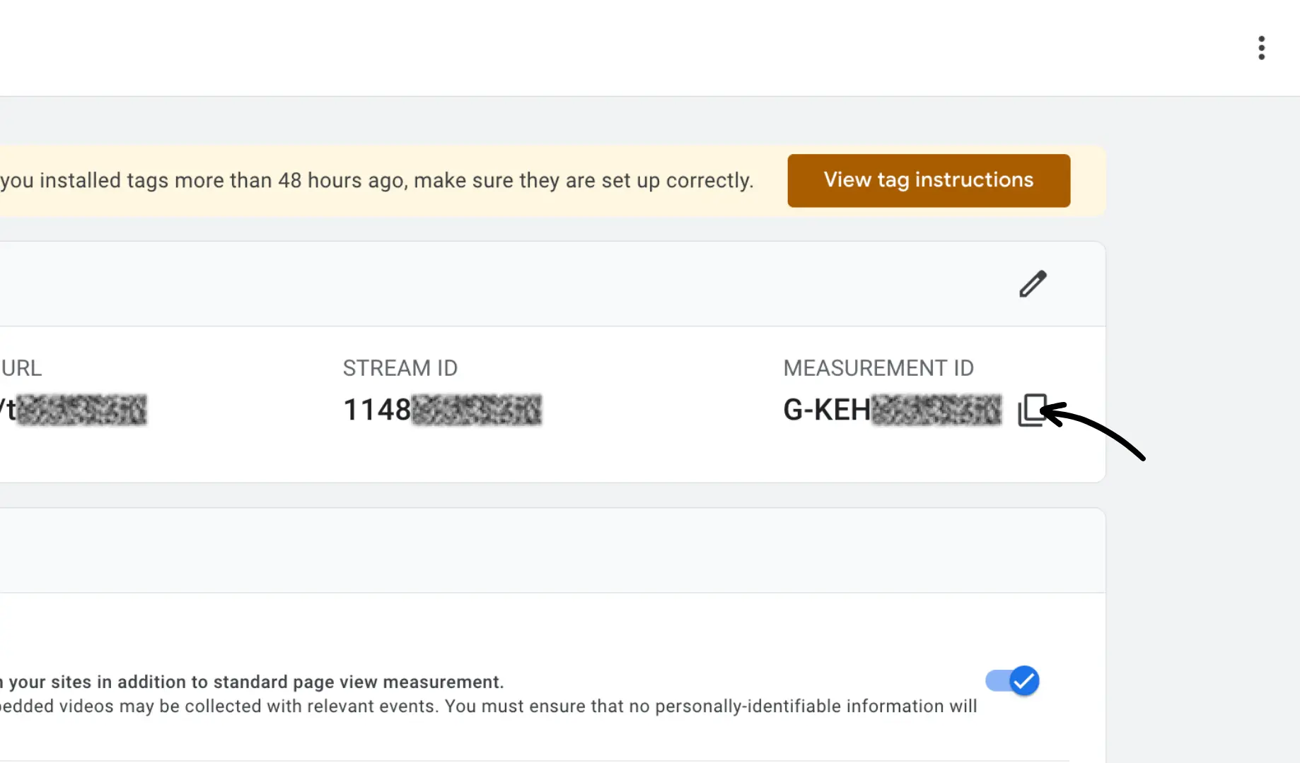 GA4 web data stream details showing the Measurement ID with a copy button