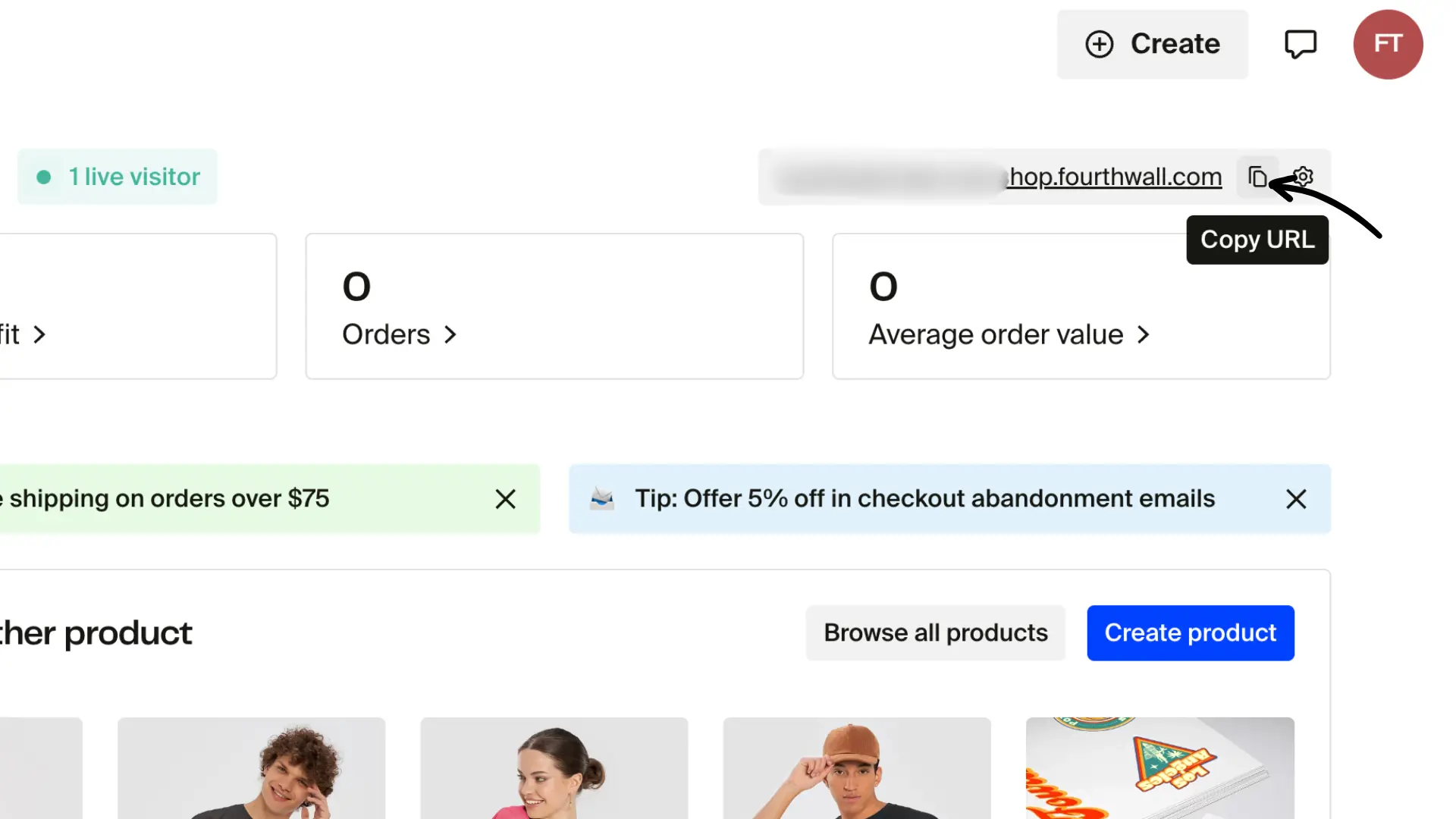 Fourthwall dashboard header with shop URL and arrow pointing to the Copy URL button