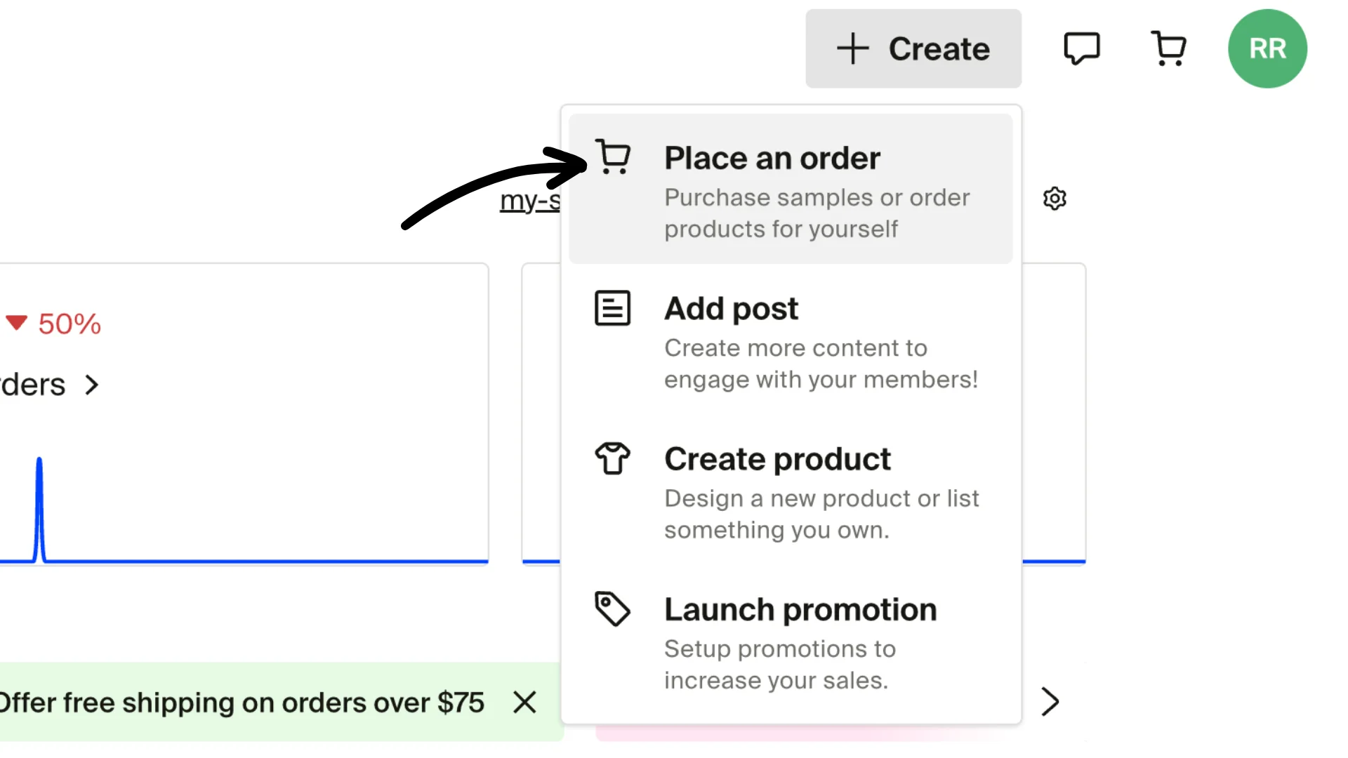 Create dropdown menu with arrow pointing to Place an order option for purchasing samples