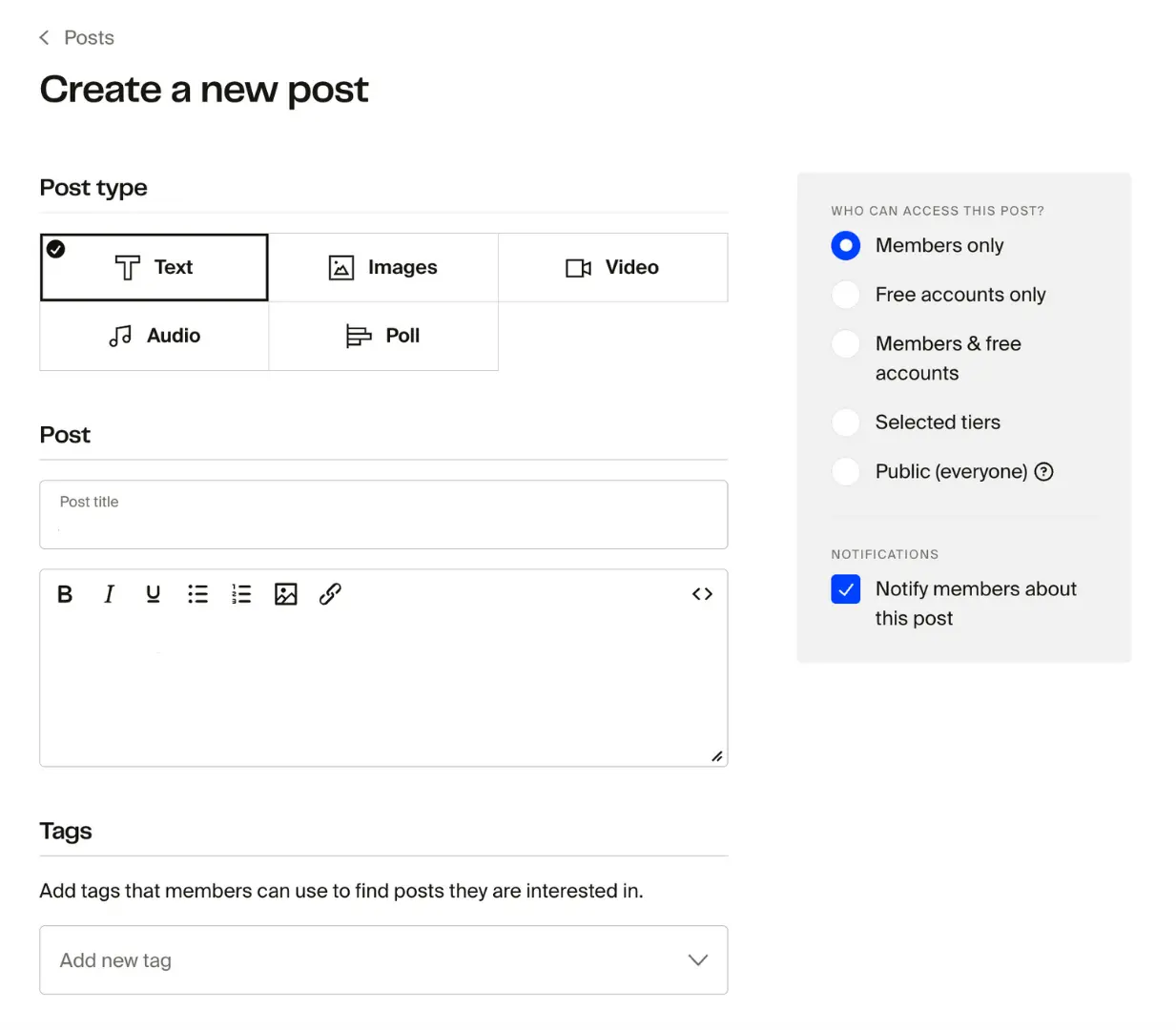 Create a new post form with post type, title, tags, permissions, and notification options