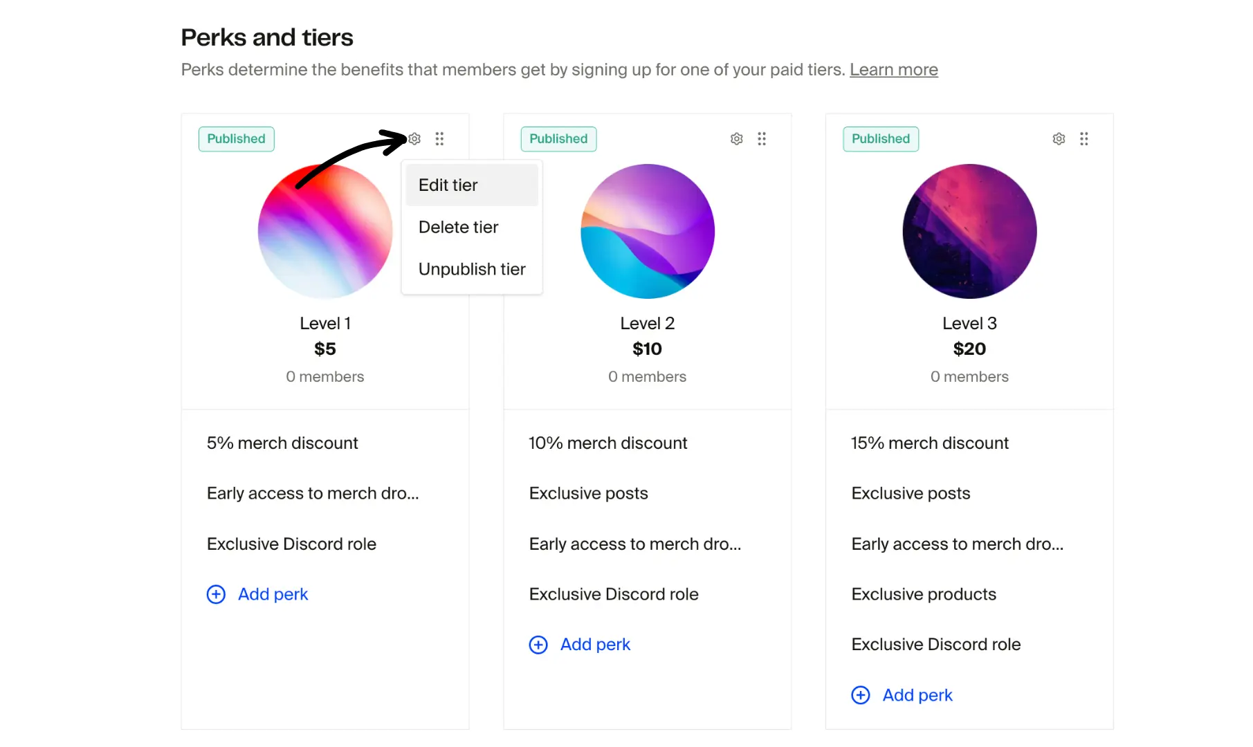 Perks and tiers page showing three tiers with gear menu open and Edit tier option
