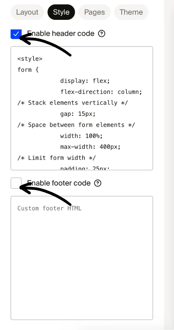 Enable header or footer code