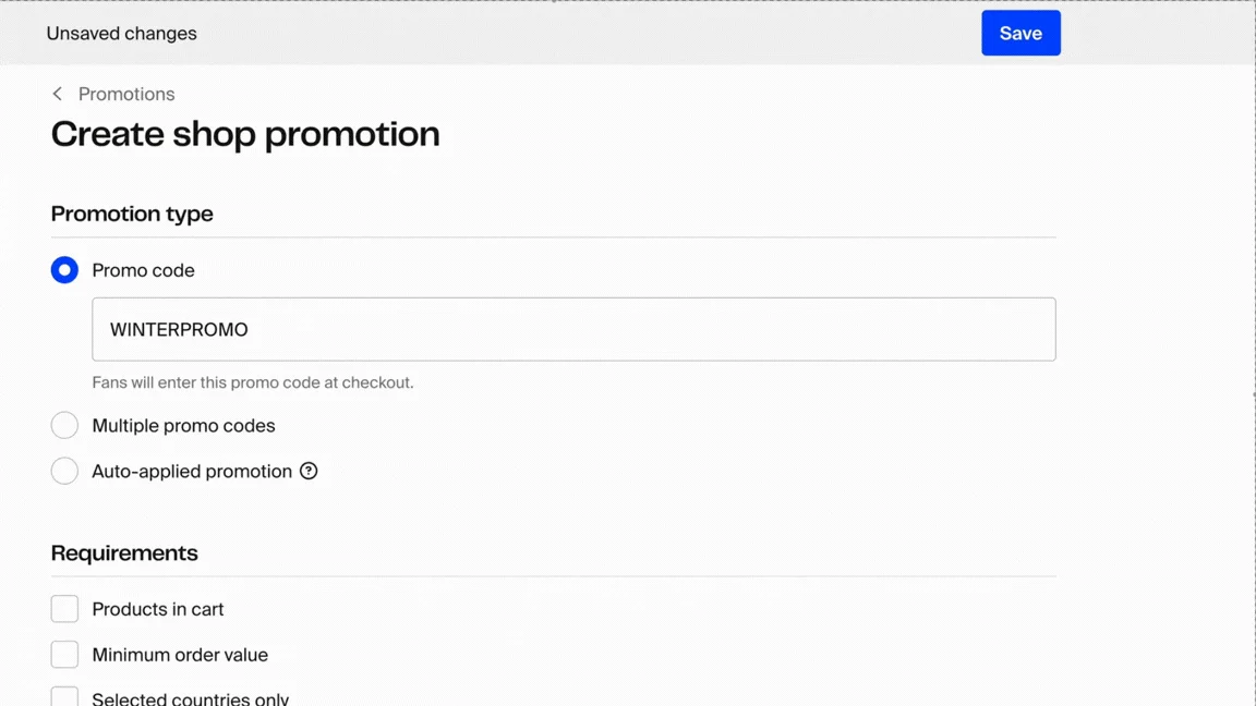Create shop promotion form with Promo code selected, code field, and requirements options