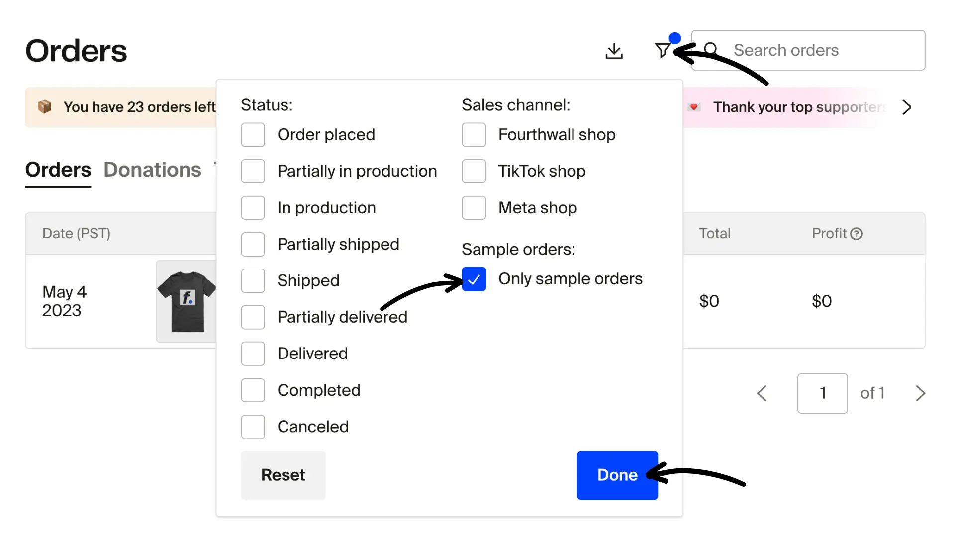 Filter by sample order and click Done