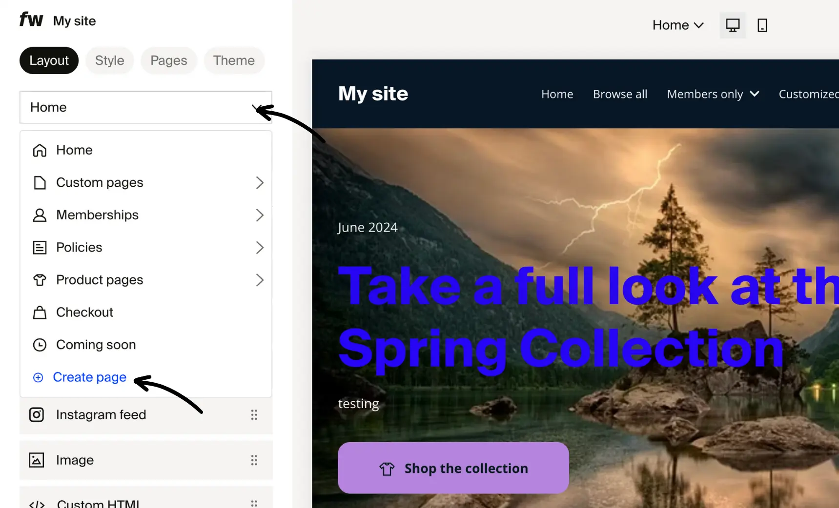 Site design Layout tab with page dropdown open showing Home, Custom pages, and Create page option