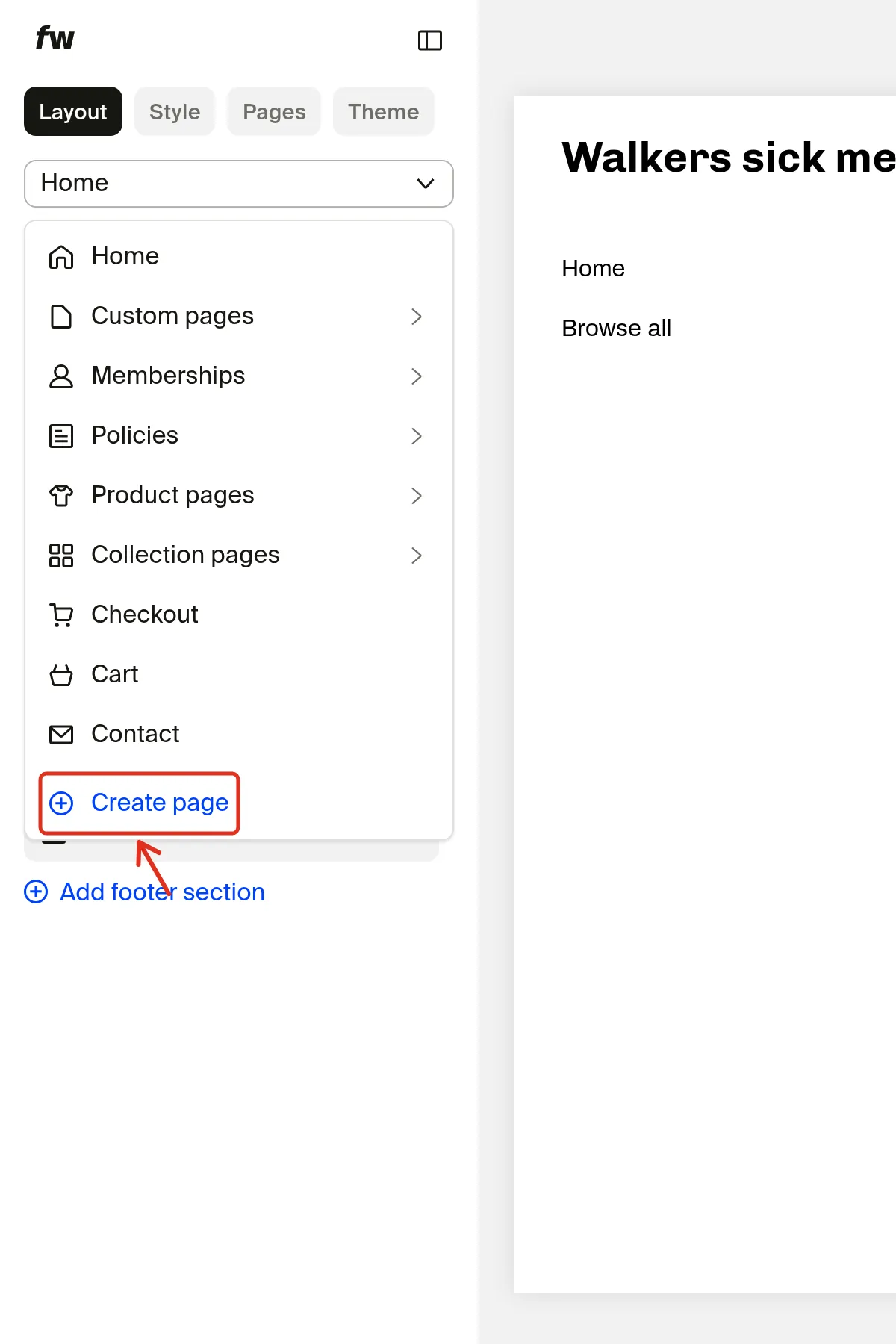 Layout tab page dropdown listing Home, Custom pages, Policies, Checkout, Cart, Contact and more, with Create page outlined in red