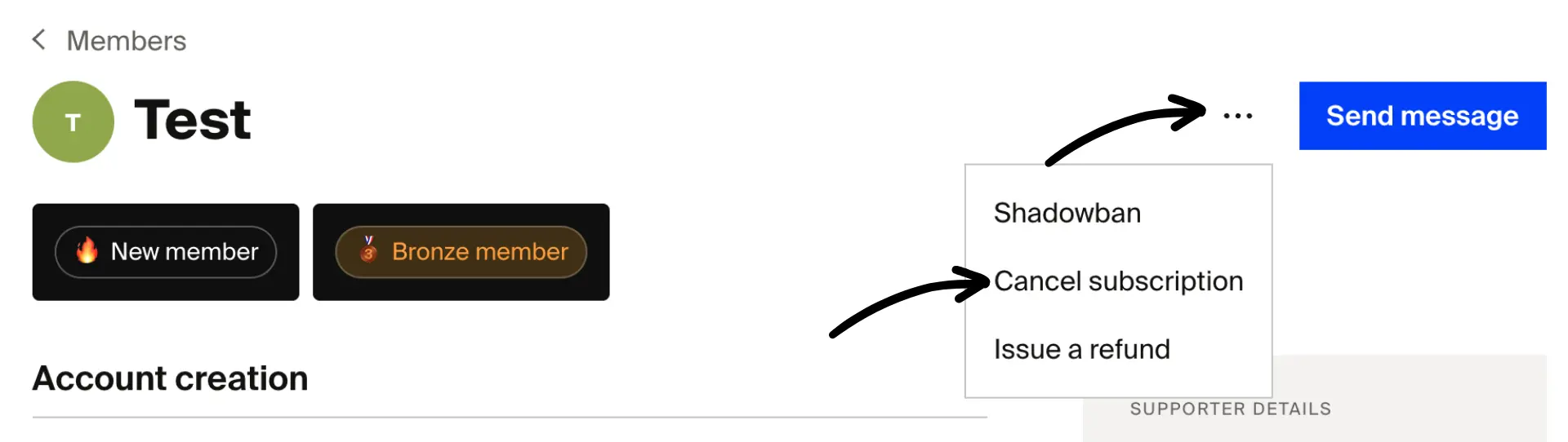 Member detail page with three-dot menu open showing Shadowban, Cancel subscription, and Issue a refund options