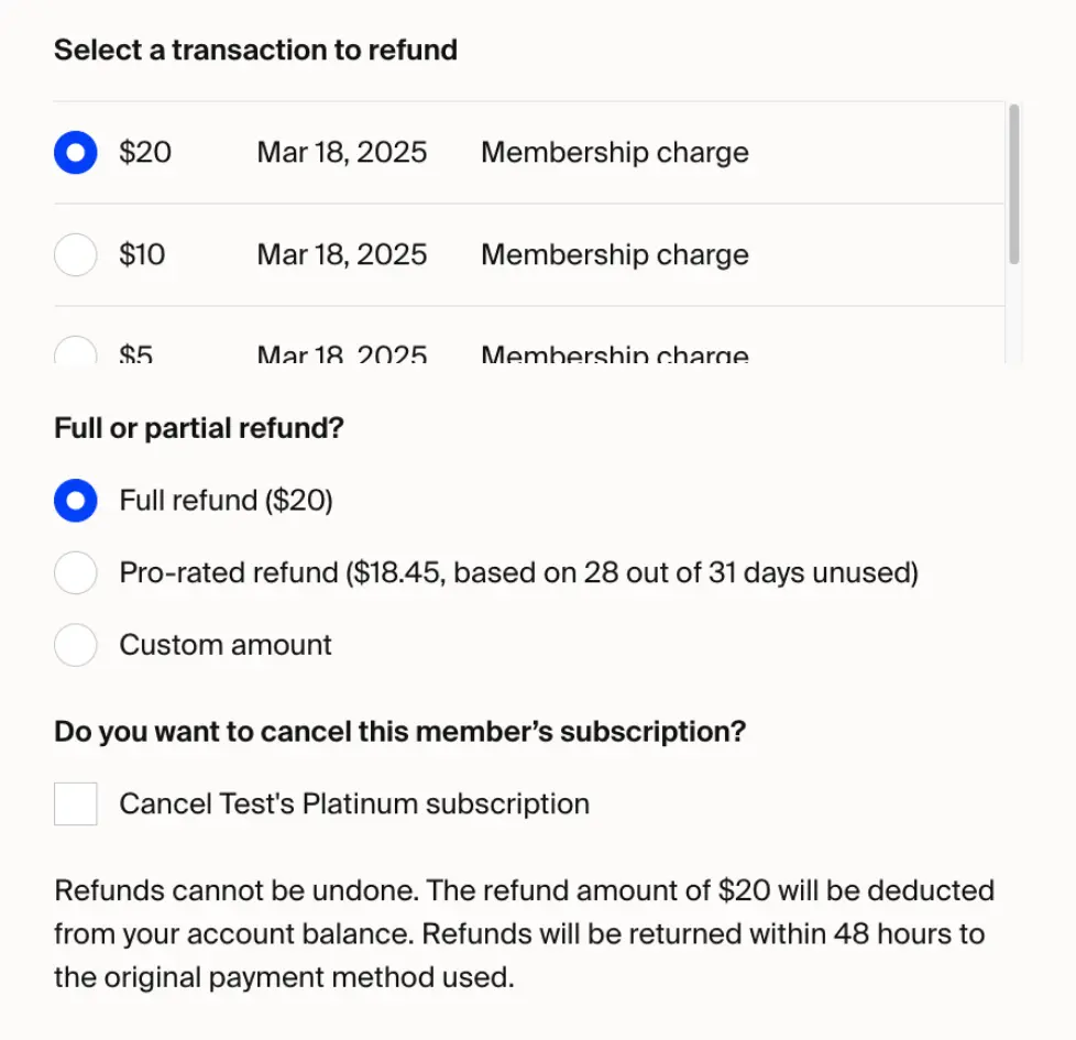 Refund modal with transaction list, full or prorated refund options, and optional cancel subscription checkbox