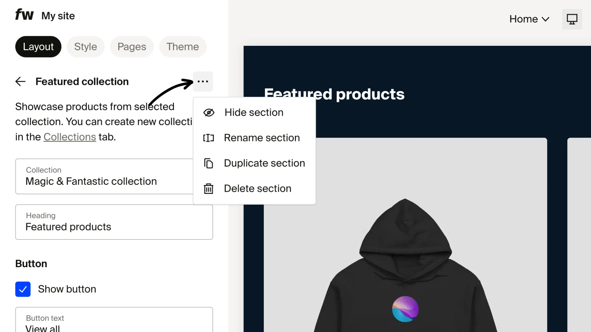 Rename, duplicate, or hide section