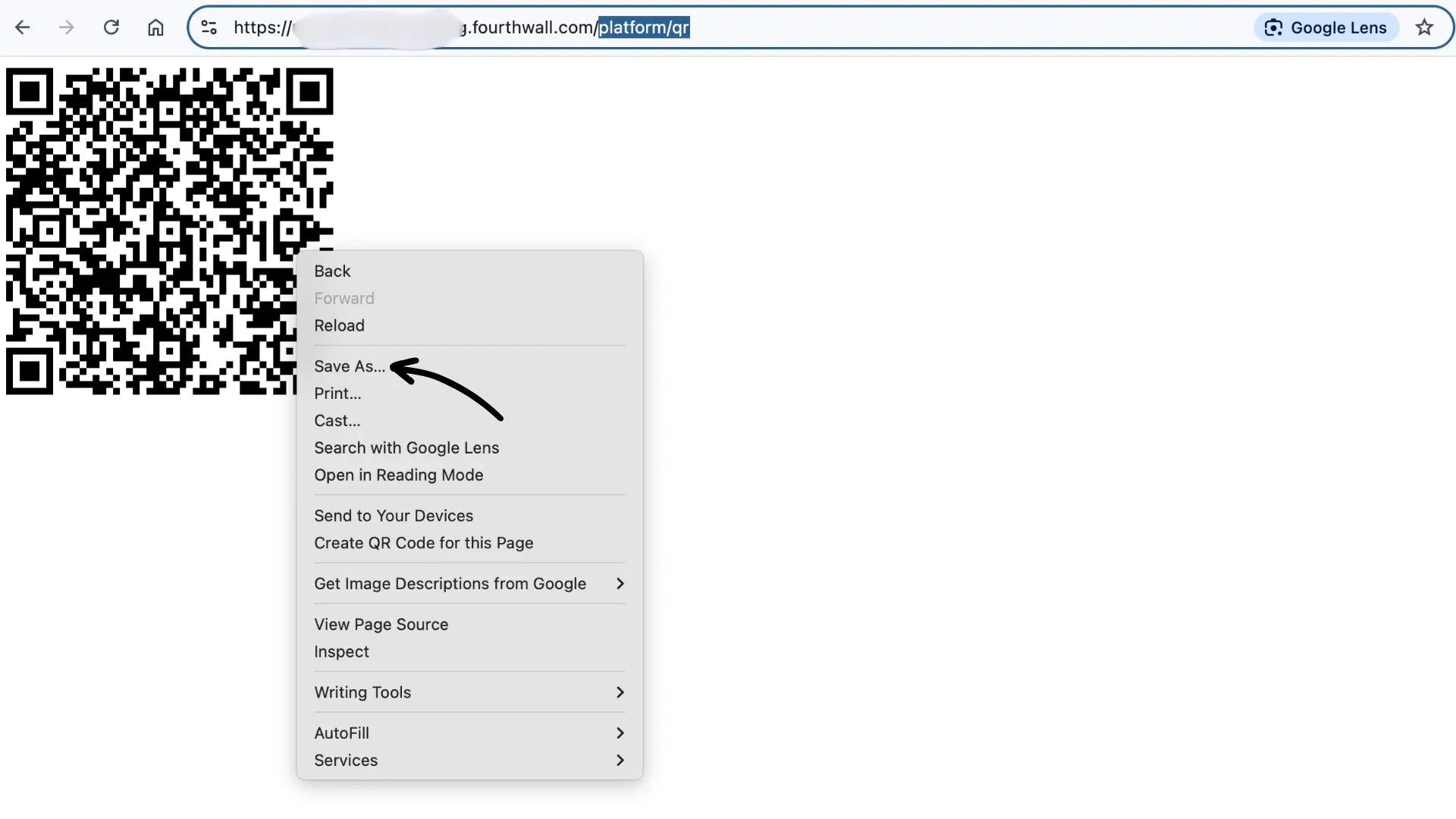 QR code page in browser with right-click context menu showing Save As option