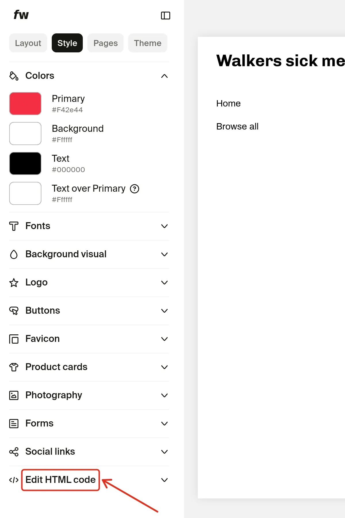 Site design Style tab with the Edit HTML code option outlined in red at the bottom of the list