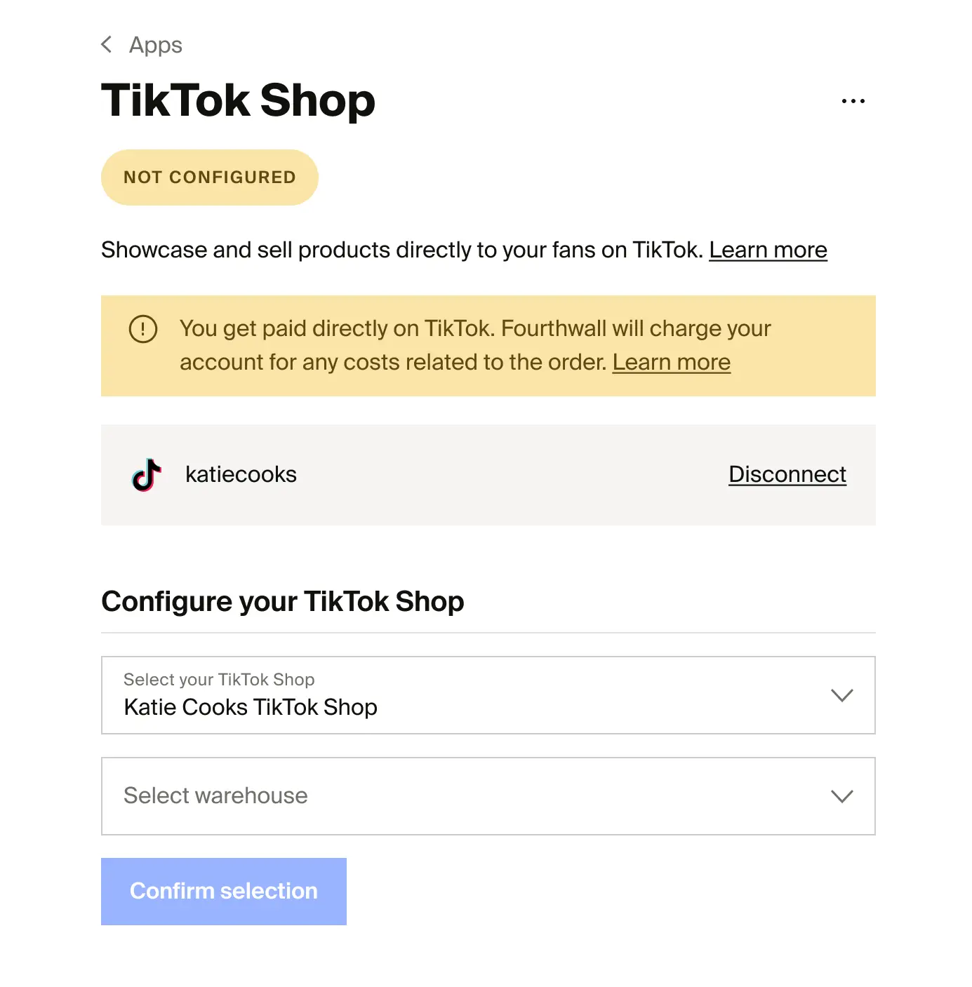 TikTok Shop configuration page with dropdown to select your TikTok Shop account