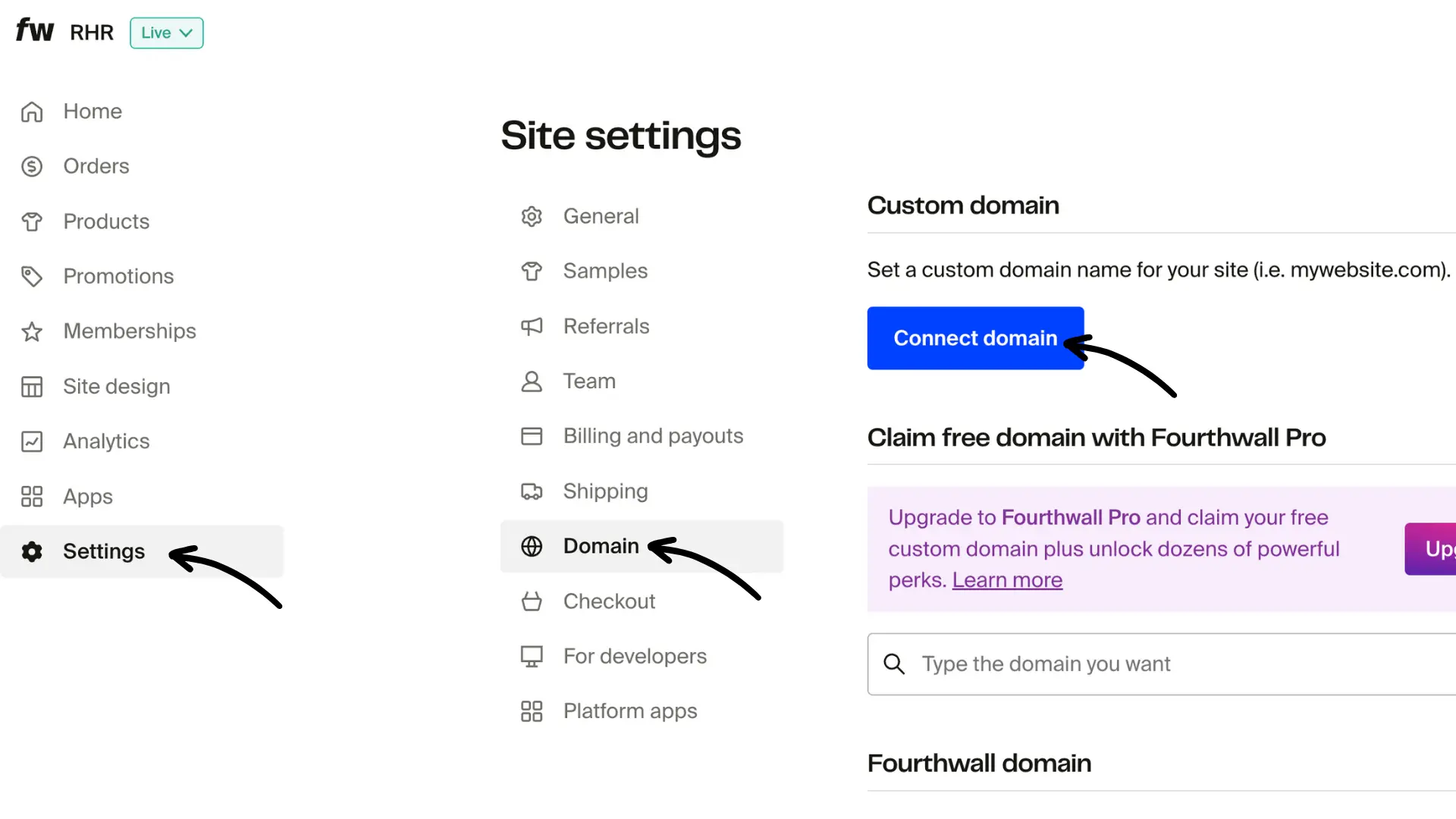 Fourthwall Site settings with Settings and Domain selected, showing Connect domain button