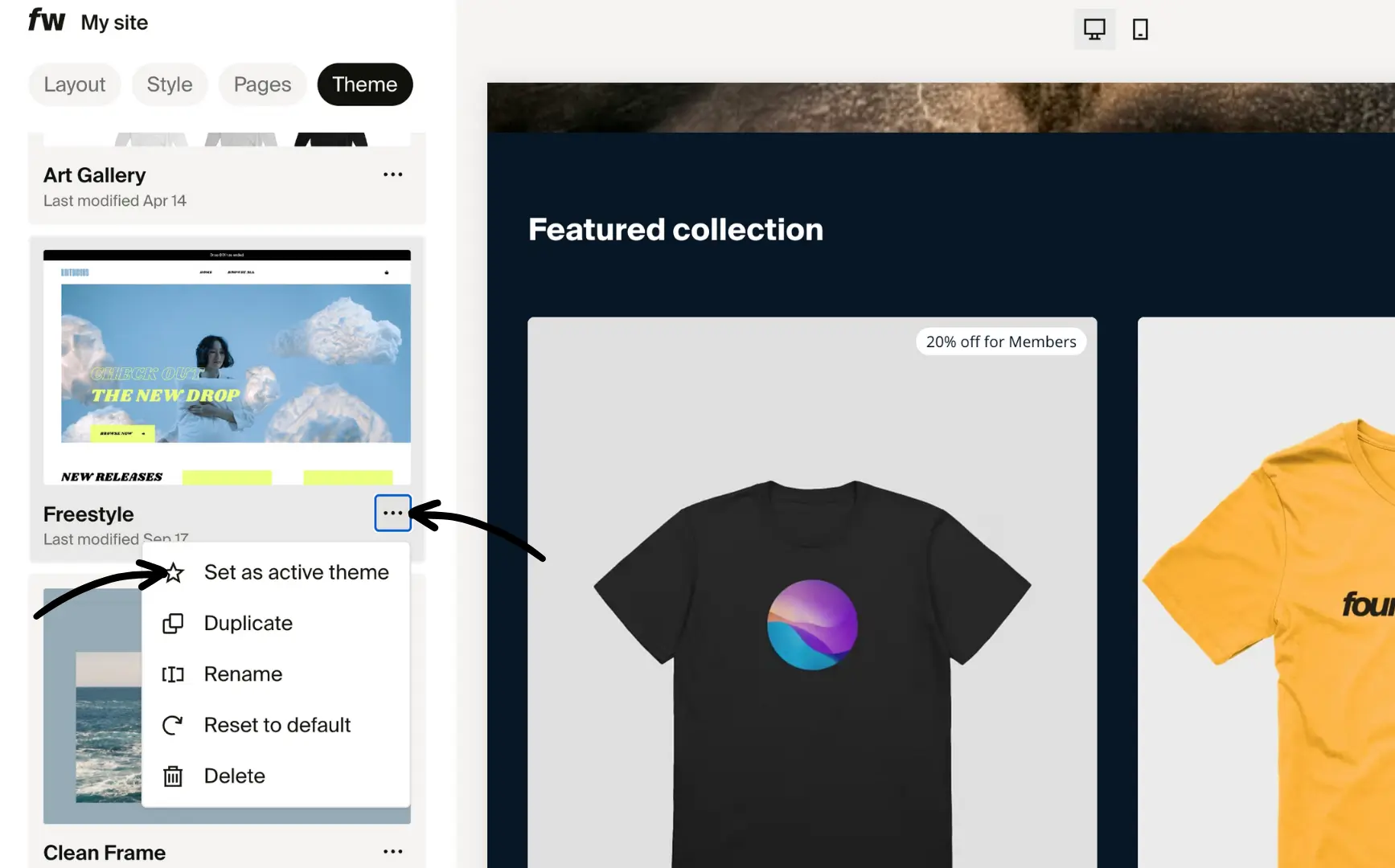 Three-dot menu on inactive theme showing Set as active theme and other options