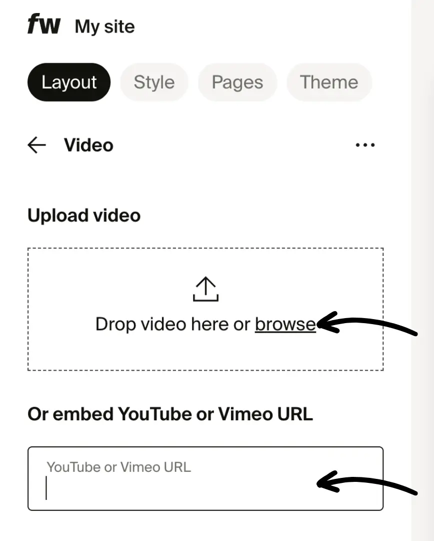 Video section settings showing upload area and YouTube or Vimeo URL embed field