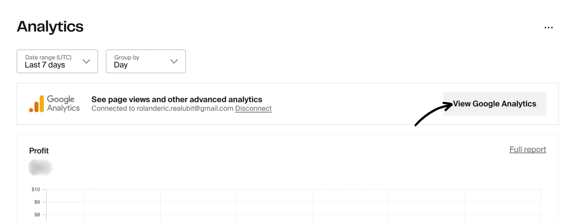 Analytics overview with connected Google Analytics account and View Google Analytics button