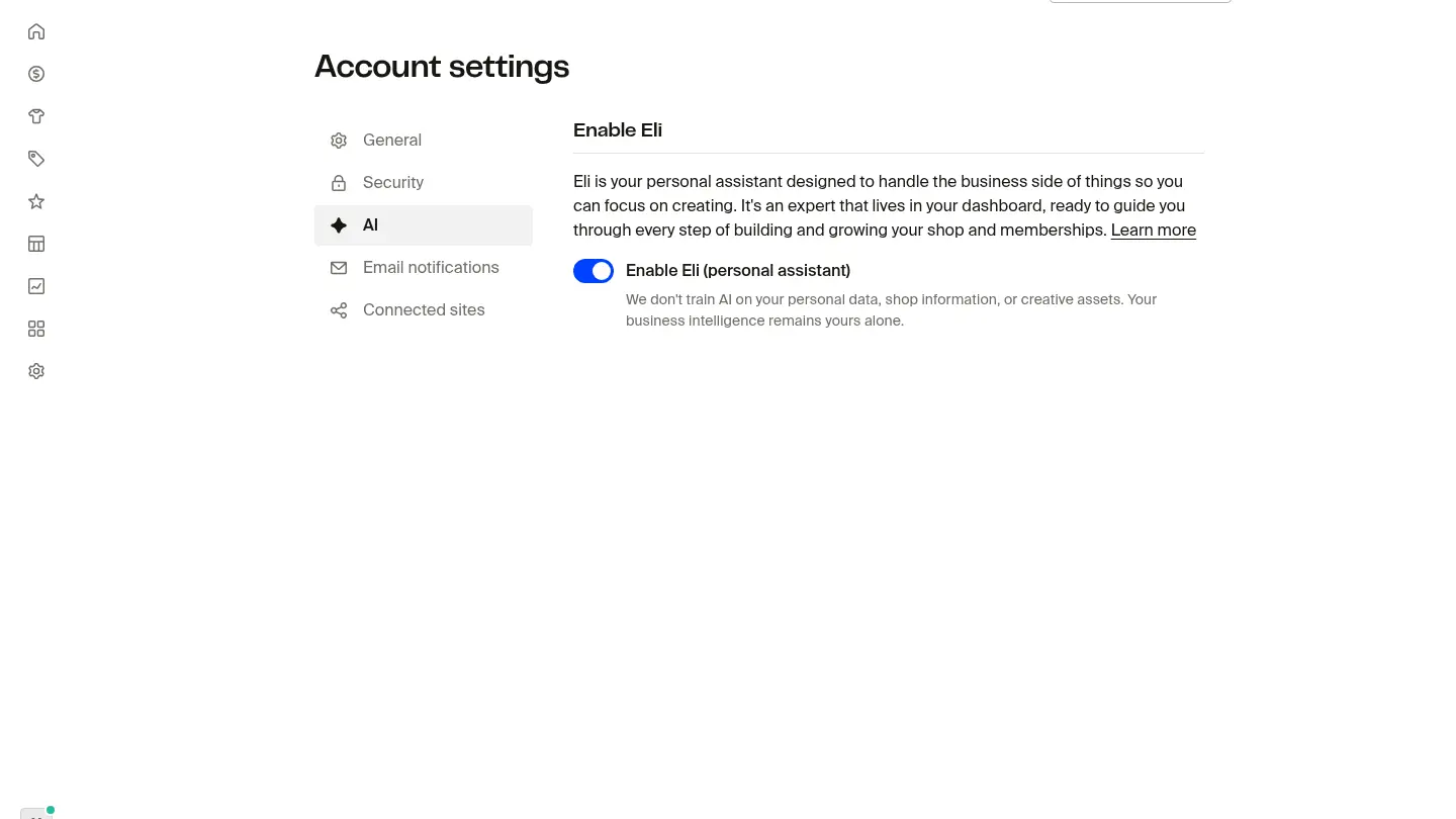 The Account > AI settings page showing the "Enable Eli (personal assistant)" toggle in the on position.