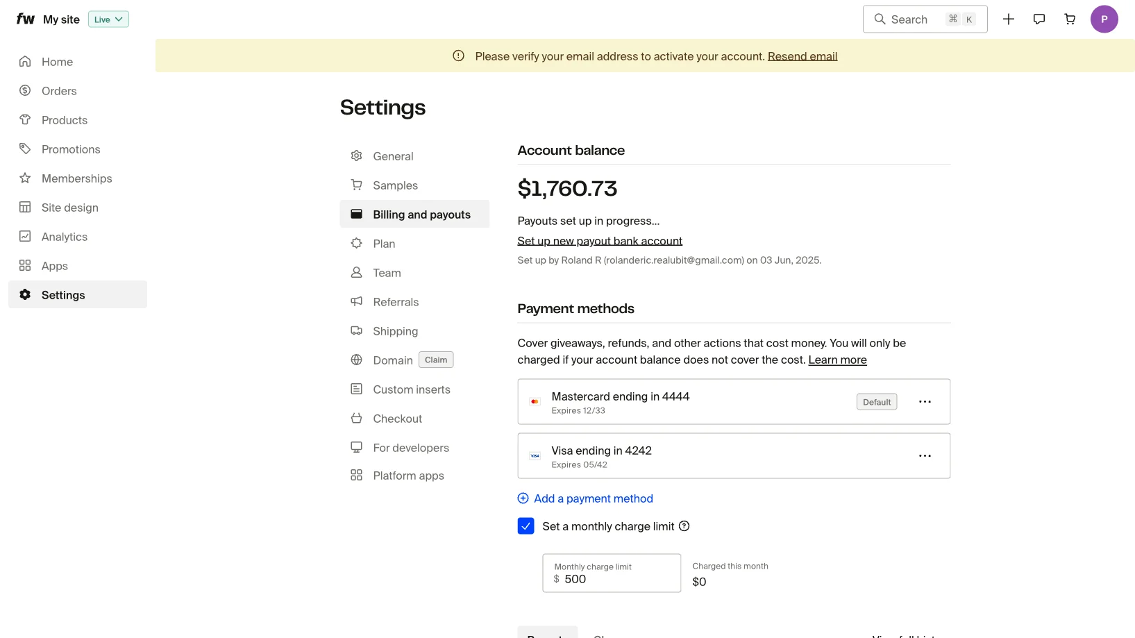 Billing and payouts" settings screen showing an account balance of $1,760.73 and payment methods. Two cards are visible for Mastercard and Visa. A $500 monthly charge limit is set.