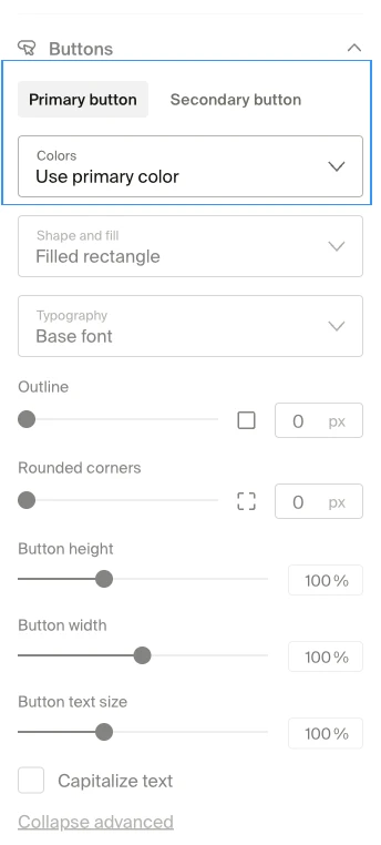 Colors dropdown set to Use text color under the Primary button tab