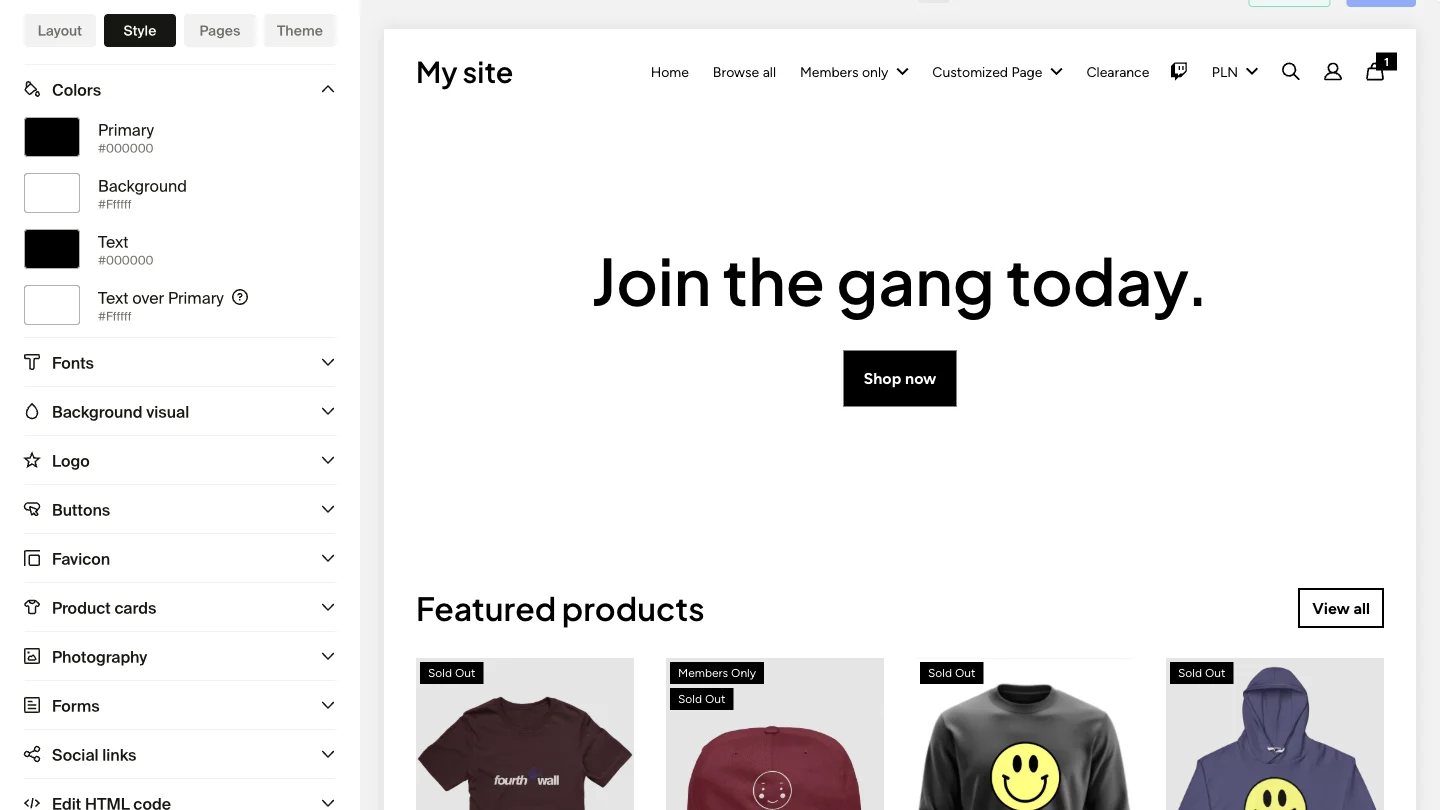 Style editor sidebar with Colors section expanded showing Primary, Background, Text, and Text over Primary swatches, alongside a site preview displaying "Join the gang today" hero section.