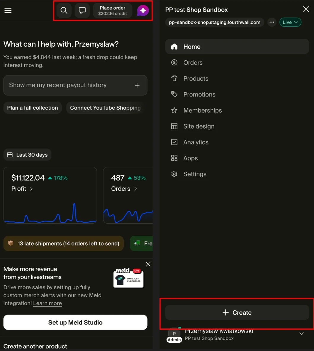 Creator Dashboard sidebar with the Create button (plus icon) expanded to show the dropdown of Place an order, Add post, Create product, and Launch promotion actions