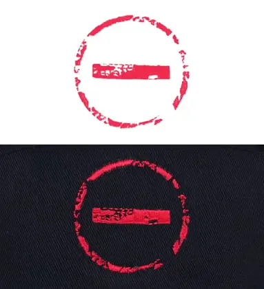Distressed red circle graphic shown as original artwork and as embroidered result on dark fabric