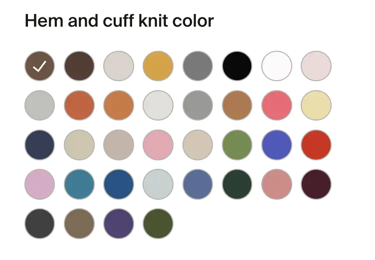 Hem and cuff knit color picker showing 36 yarn color swatches with brown selected