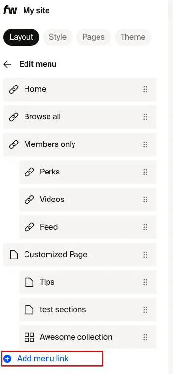 Edit menu panel showing nested menu items with Add menu link button at bottom