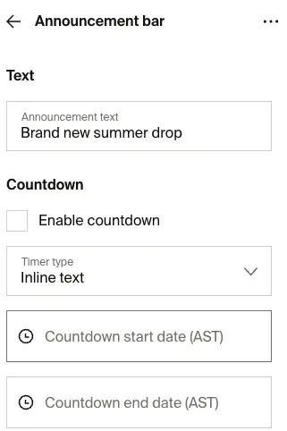 Announcement bar settings with text field, countdown toggle, and timer options