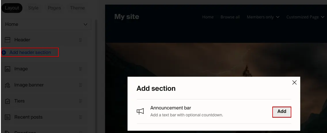 Add header section dialog with Announcement bar option and Add button