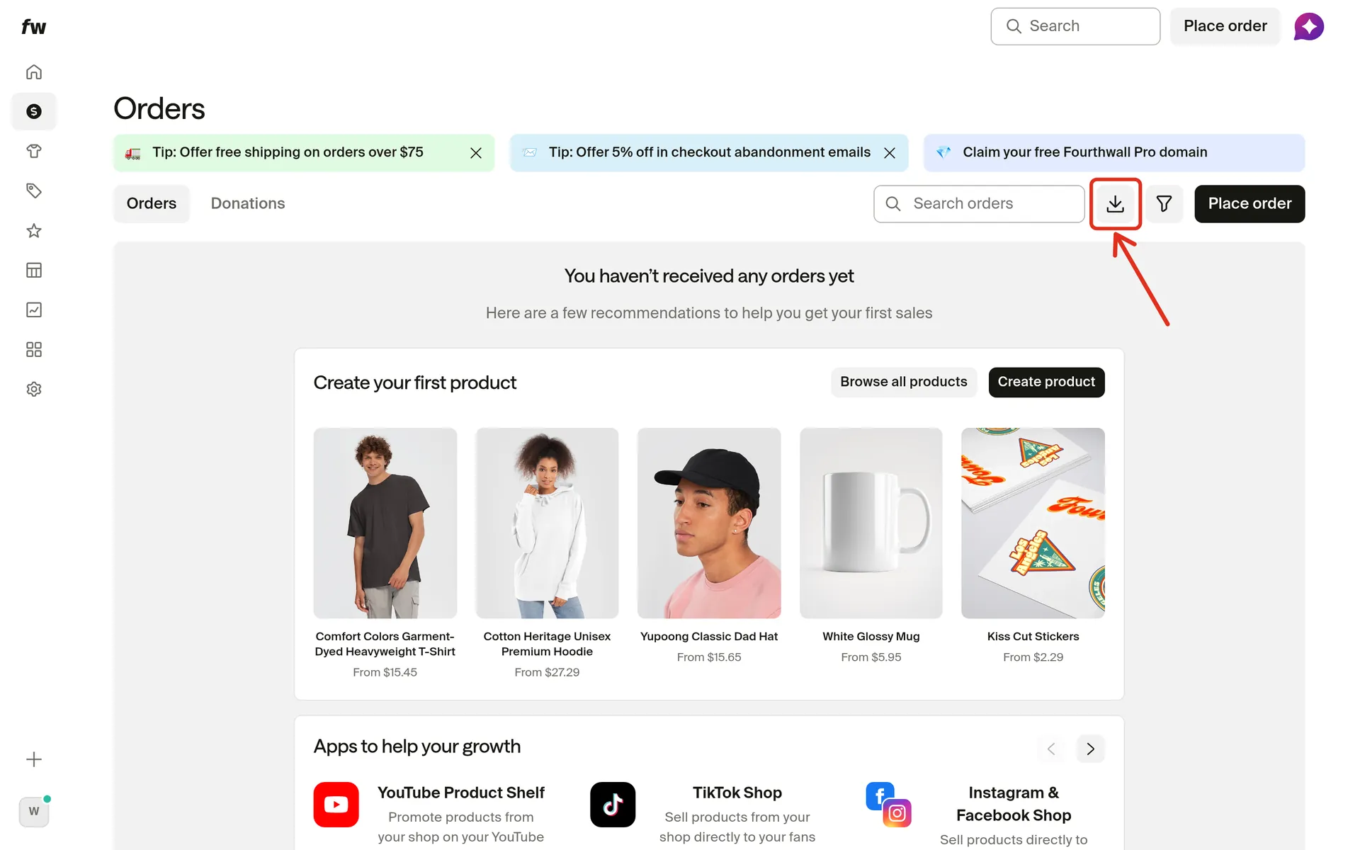 Fourthwall Orders page with the Export orders download icon outlined in red and marked by an arrow.